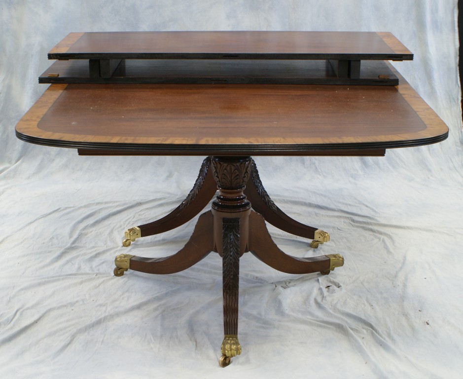 Appraisal: Double pedestal satinwood banded mahogany dining room table long wide