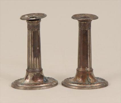 Appraisal: Pair of English Silverplate Short Column-Form Candlesticks in