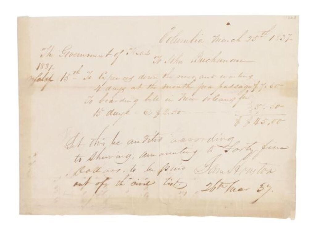 Appraisal: Unframed document signed by Sam Houston dated March th and