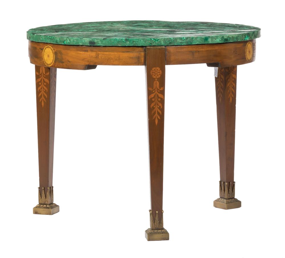 Appraisal: Continental Satinwood Inlaid Mahogany Center Table malachite veneer top apron