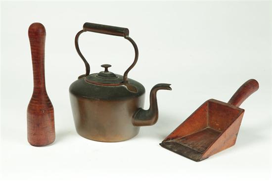 Appraisal: TEA KETTLE AND TWO KITCHEN UTENSILS American th century Copper