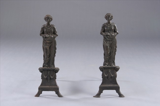 Appraisal: PAIR NEOCLASSICAL BRASS ANDIRONS th century Standing figures on ram's