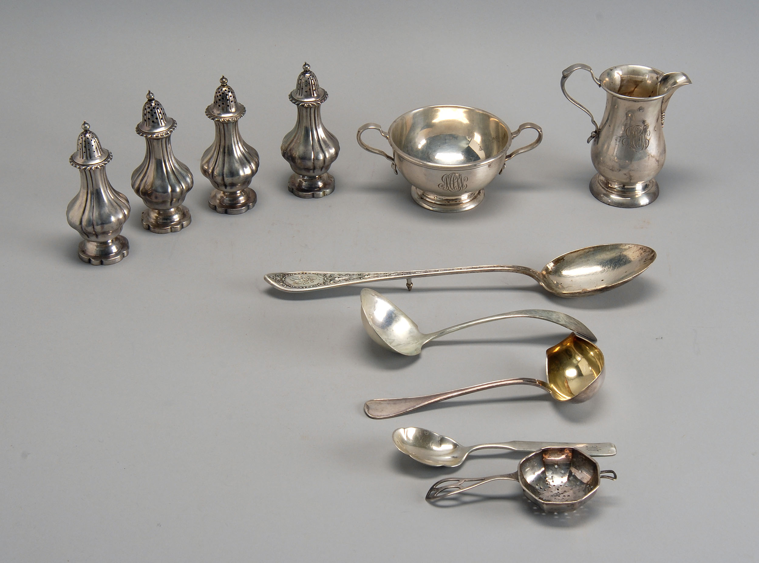 Appraisal: ELEVEN STERLING SILVER ITEMS sugar creamer two pairs of salt