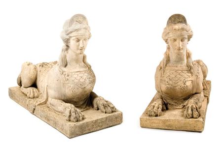 Appraisal: Pair of Regence Style Earthenware Figures of Recumbent Sphinxes Estimate