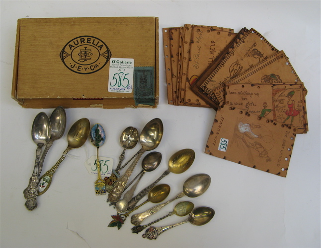 Appraisal: SOUVENIR SPOONS LEATHER POSTCARDS et al pieces total Includes fourteen