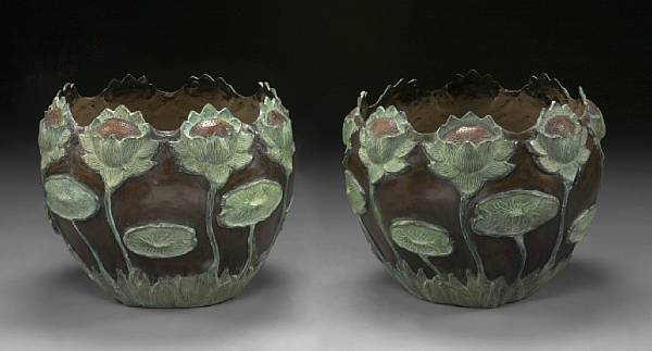 Appraisal: A pair of polychrome and patinated bronze jardini res Each