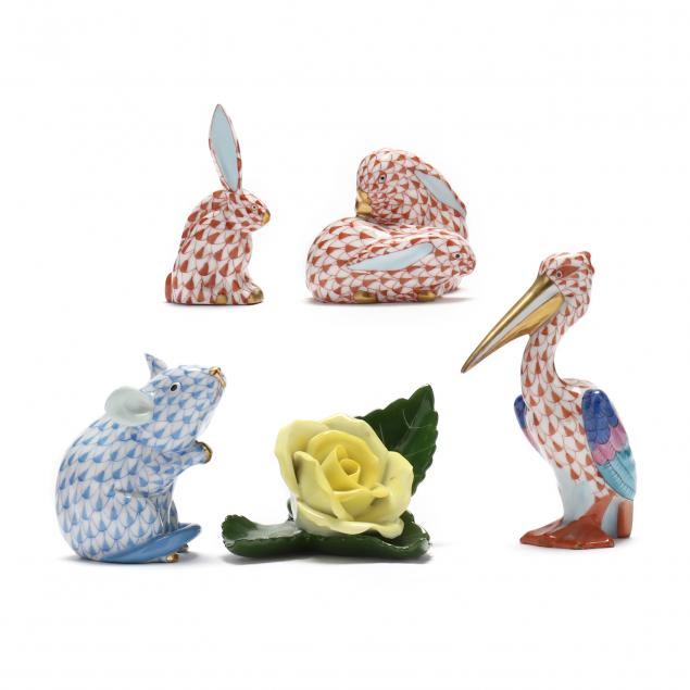 Appraisal: FOUR HEREND PORCELAIN ANIMAL FIGURINES AND A CARD HOLDER Fishnet