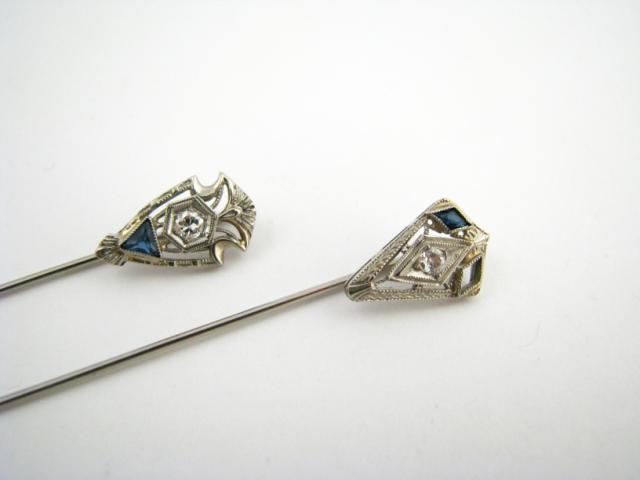 Appraisal: Pair of antique K white gold diamond and sapphire stick