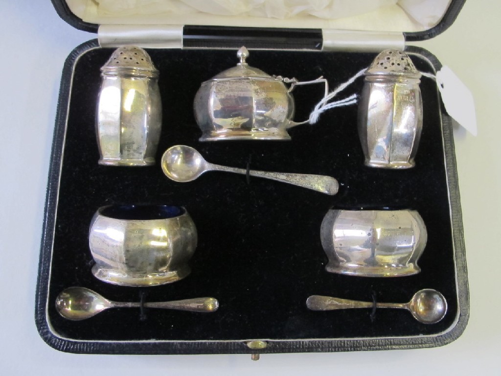 Appraisal: Cased five piece silver condiment set Birmingham