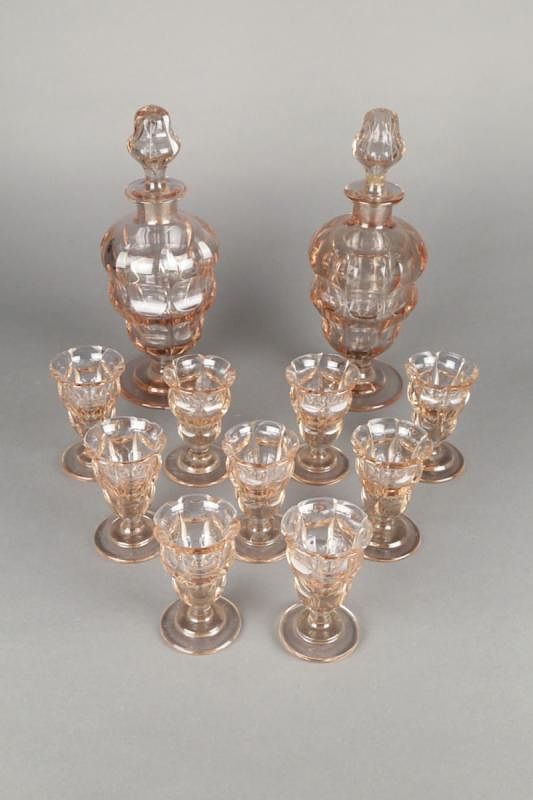 Appraisal: Moser Alexandrite Glass Cordial Set Comprising two liquor decanters and