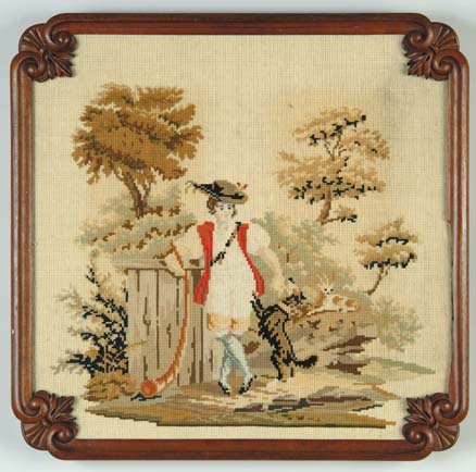 Appraisal: FRAMED VICTORIAN NEEDLEWORK Needlework picture shows gentleman with dog holding