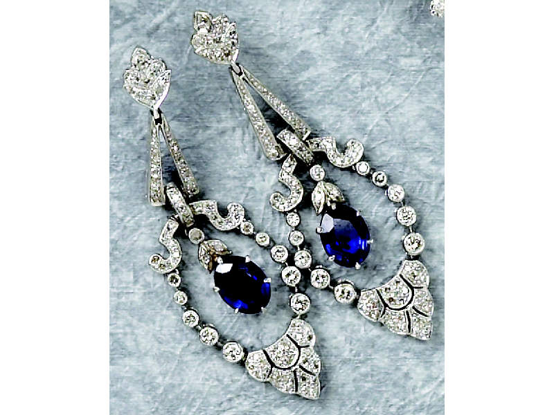 Appraisal: SAPPHIRE AND DIAMOND DROP EARRINGS k white gold open scalloped