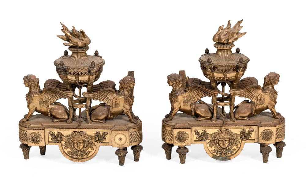 Appraisal: PAIR OF FRENCH NEOCLASSICAL-STYLE BRONZE CHENETS LATE TH EARLY TH