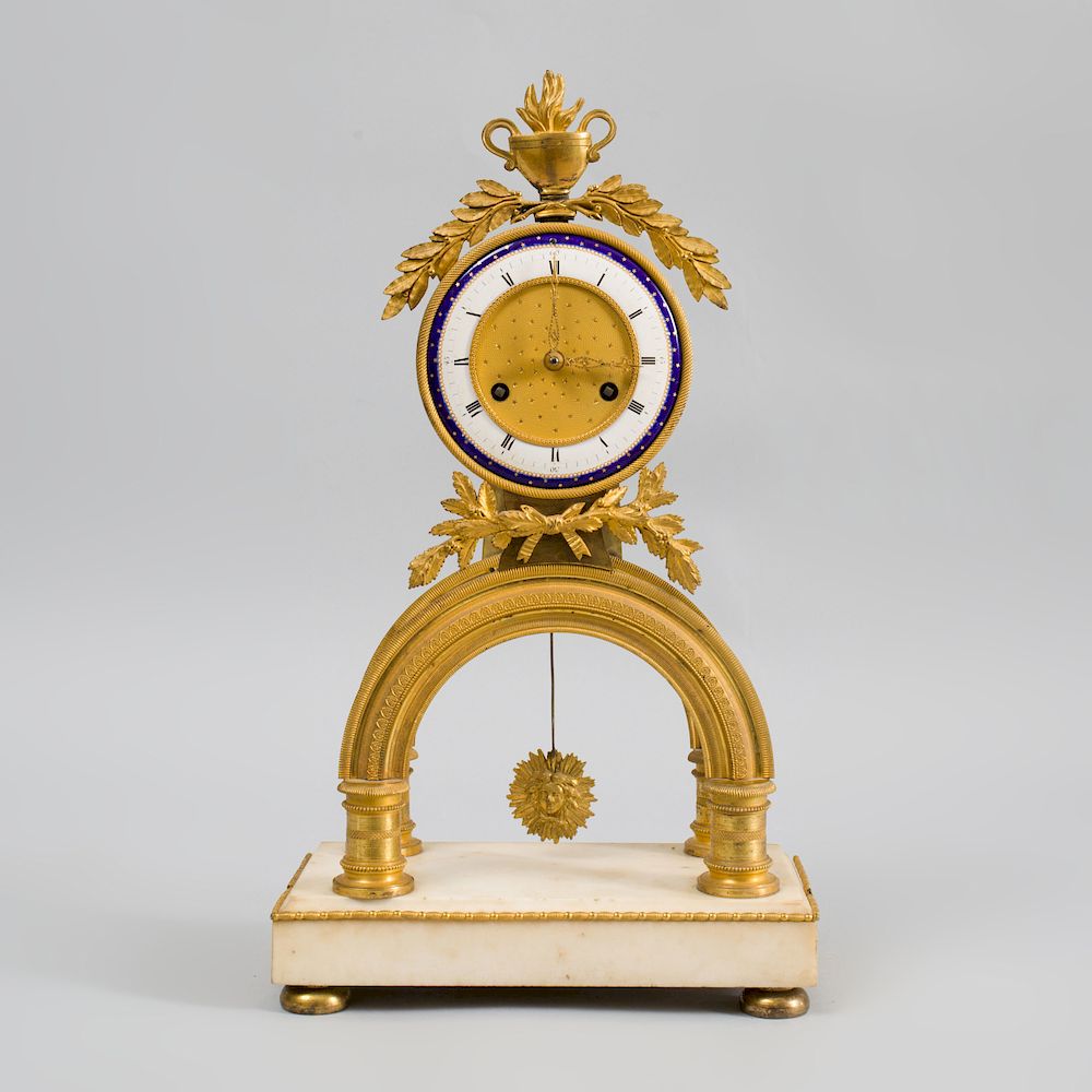 Appraisal: Louis XVI Style Gilt-Bronze-Mounted Marble Mantle Clock Unmarked with enameled