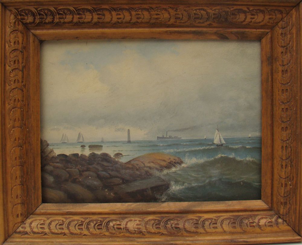 Appraisal: FRAMED PAINTING Minot's Light with sailboats and a steamship Unsigned