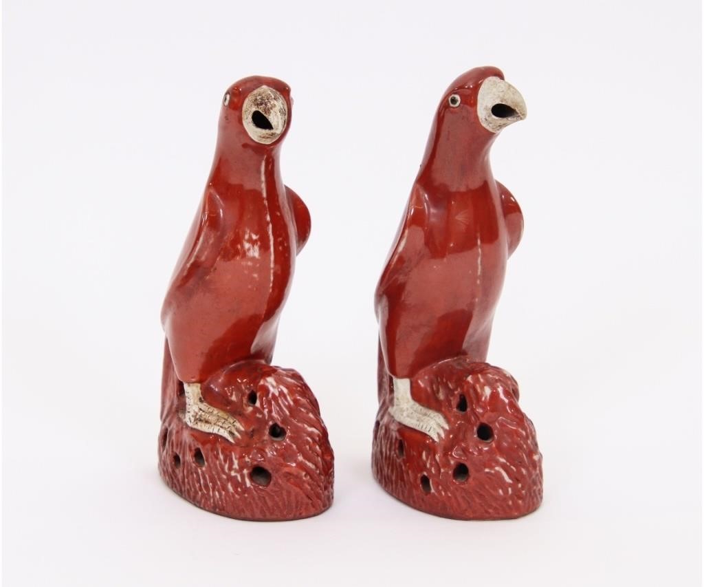 Appraisal: Pair of Chinese porcelain red glazed parrots probably th c