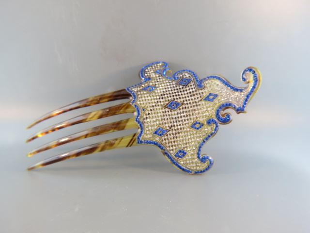 Appraisal: Antique Hair Comb blue and clear rhinestones faux tortoise shell