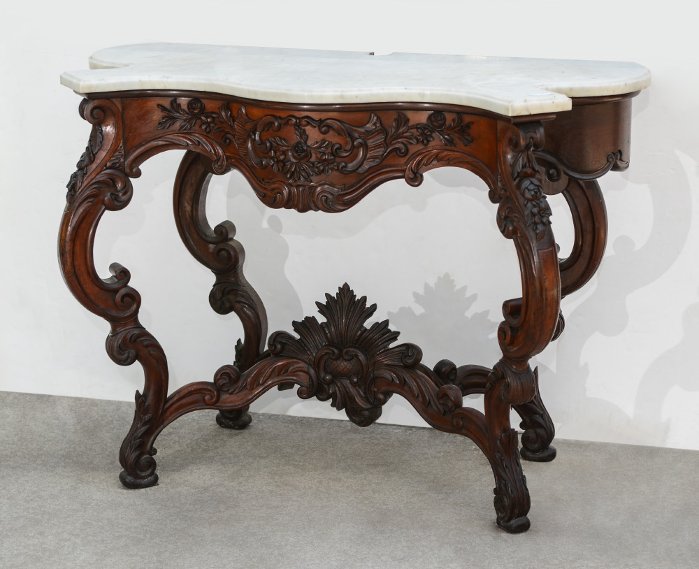 Appraisal: VICTORIAN MARBLE TOP CARVED CONSOLE TABLE Shaped white marble top