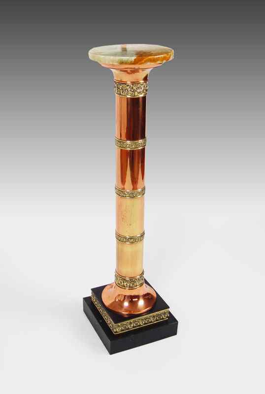 Appraisal: COPPER BRASS MARBLE PEDESTAL Green marble top supported by alternating