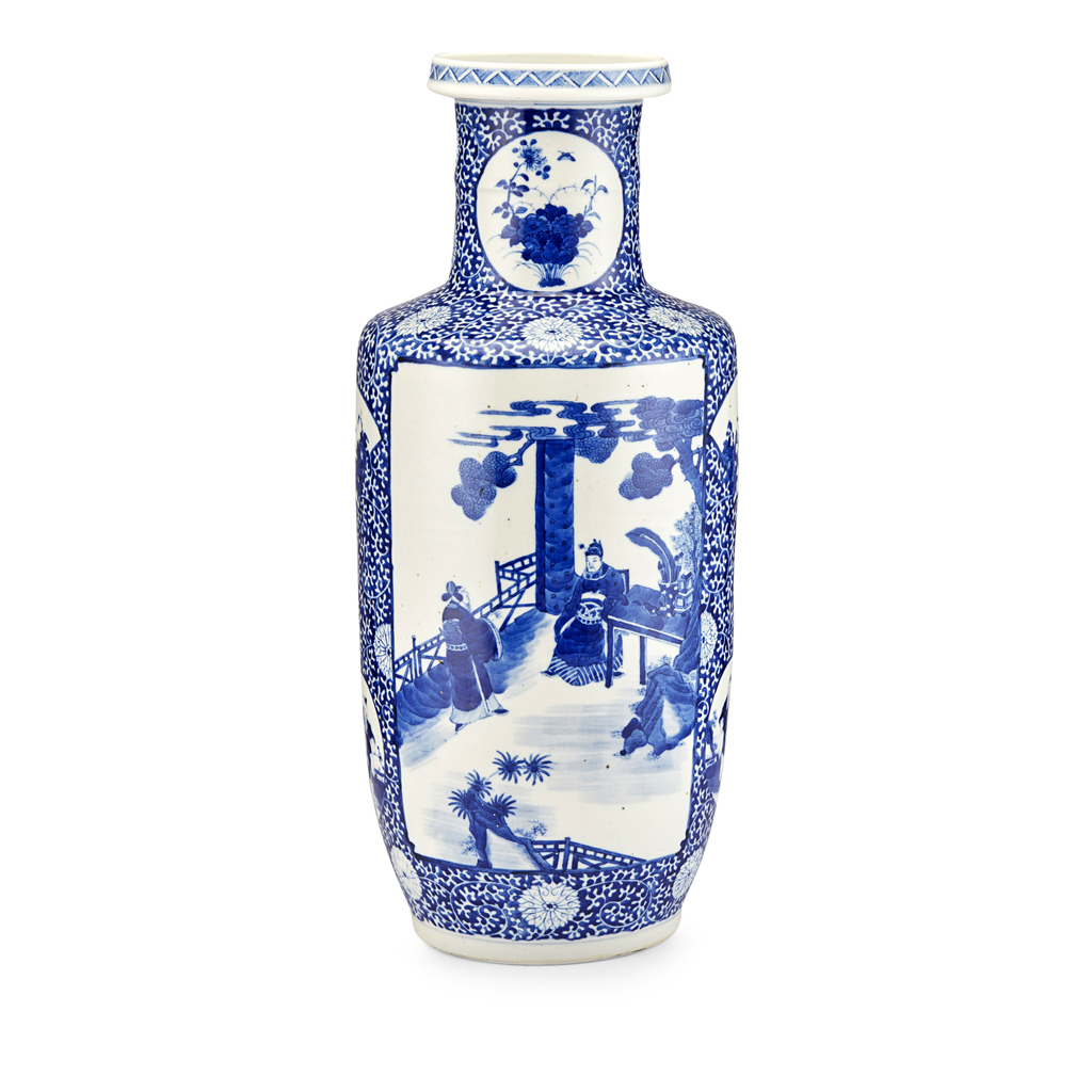 Appraisal: BLUE AND WHITE ROULEAU VASE QING DYNASTY TH CENTURY decorated