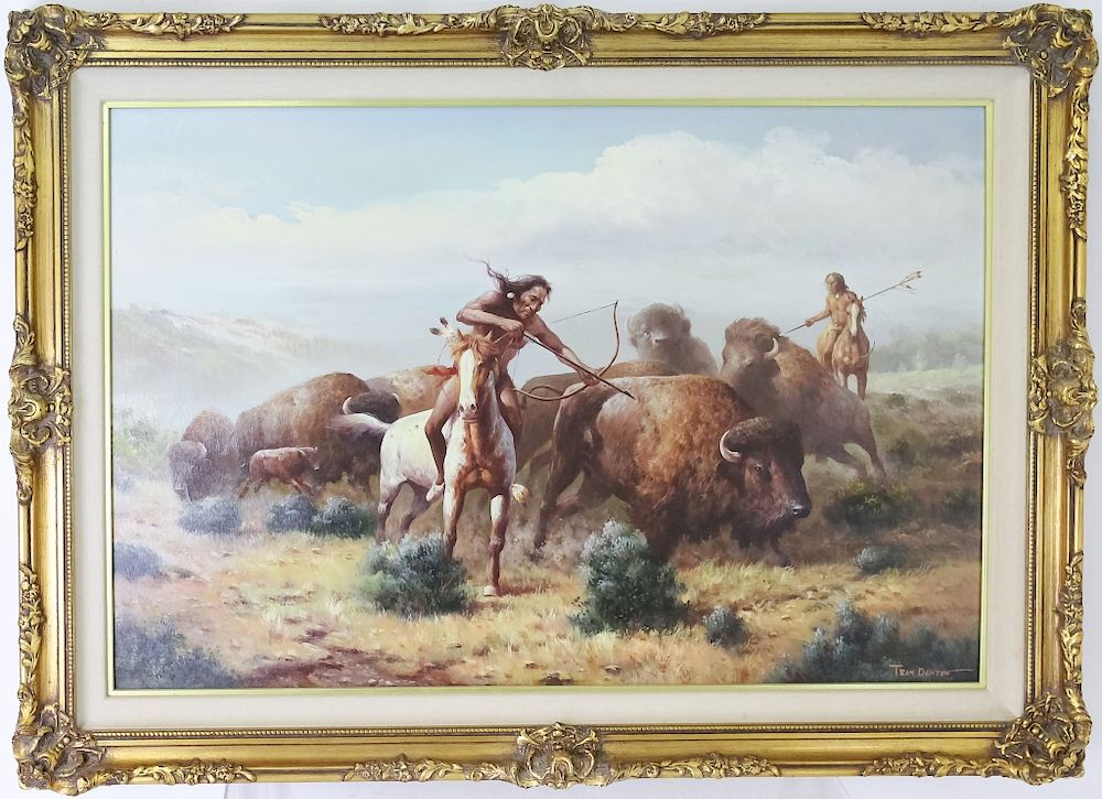 Appraisal: Troy Denton b American Indian Hunt Painting th Century American