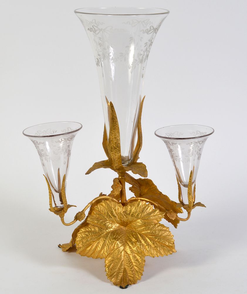 Appraisal: Gilt Leaf Centerpiece W Trumpet Vases Gilt leaf centerpiece with