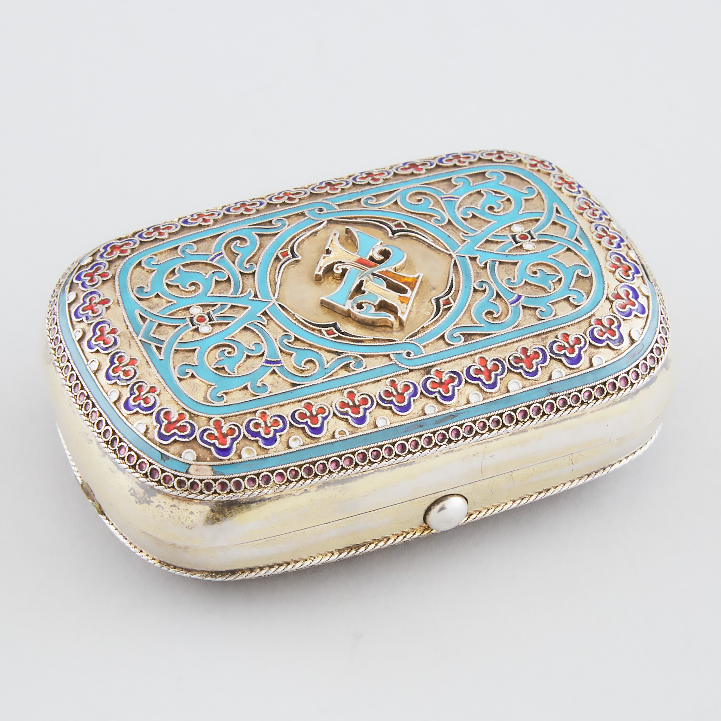 Appraisal: Russian Silver-Gilt and Cloisonn Enamel Oval Box Ivan Khlebnikov Moscow