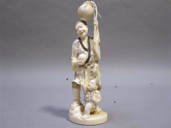 Appraisal: JAPANESE CARVED IVORY OKIMONO FIGURAL GROUP th C Of a