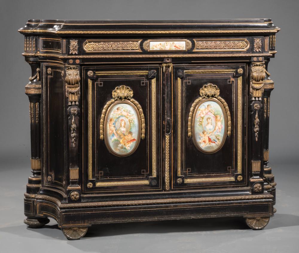 Appraisal: Napoleon III Ebonized Bronze-Mounted Cabinet c shaped molded top conforming