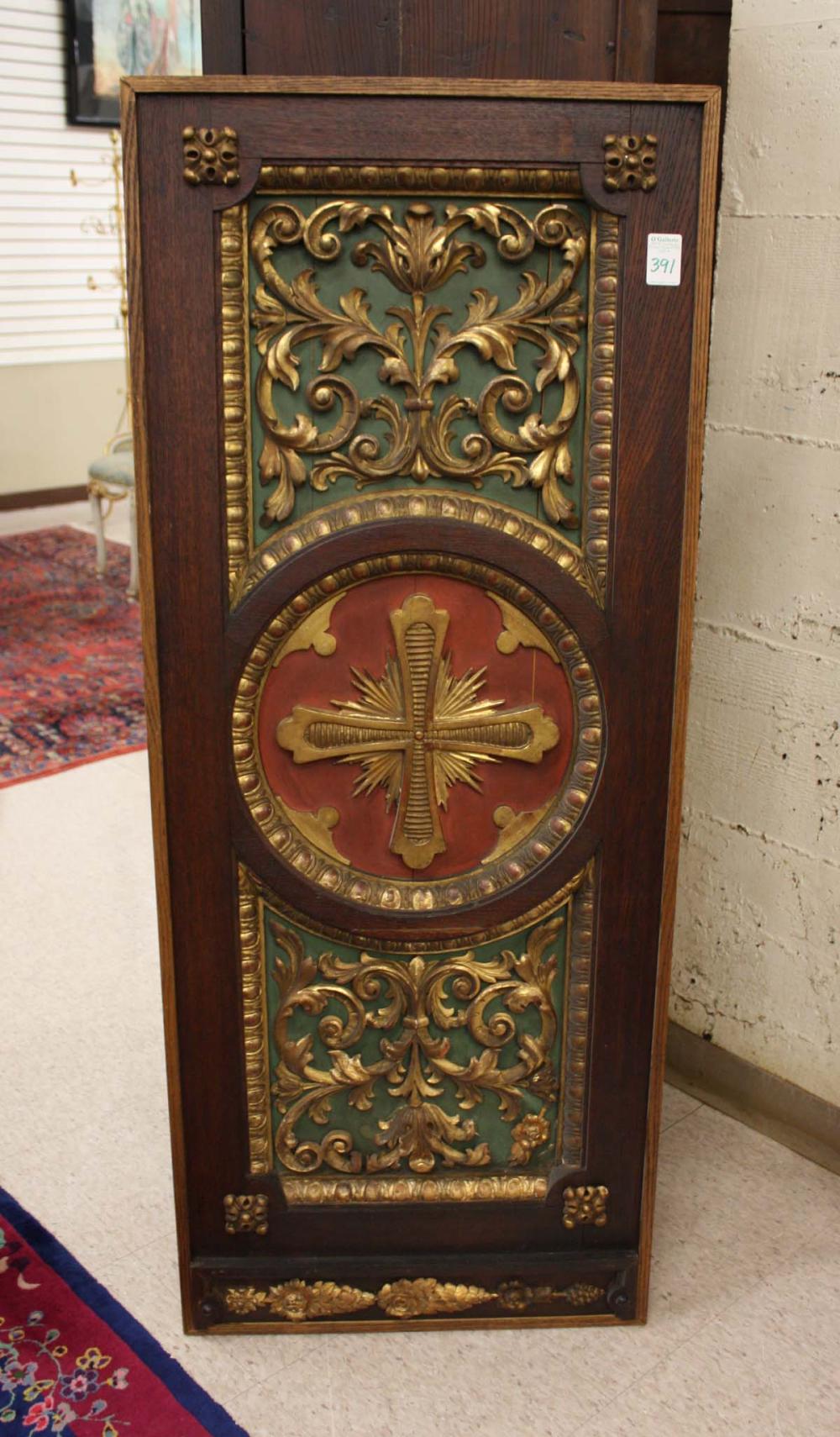 Appraisal: CARVED WOOD AND GILDED GESSO WALL PLAQUE centering a Cross