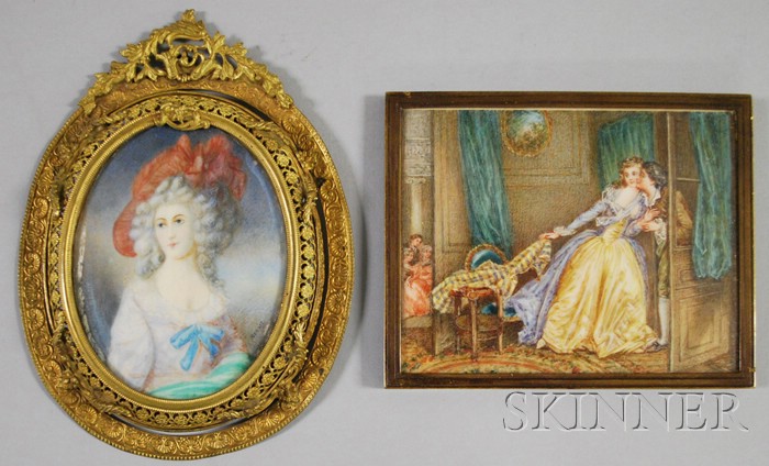 Appraisal: Two Framed French Painted Miniatures on Ivory a bronze-framed interior