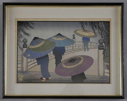 Appraisal: MILLER LILIAN MAY RAIN BLOSSOMS JAPAN WOODCUT IN COLORS X