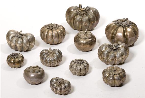 Appraisal: A SET OF TWELVE GOURD-SHAPED SILVER BOXES Burma height to