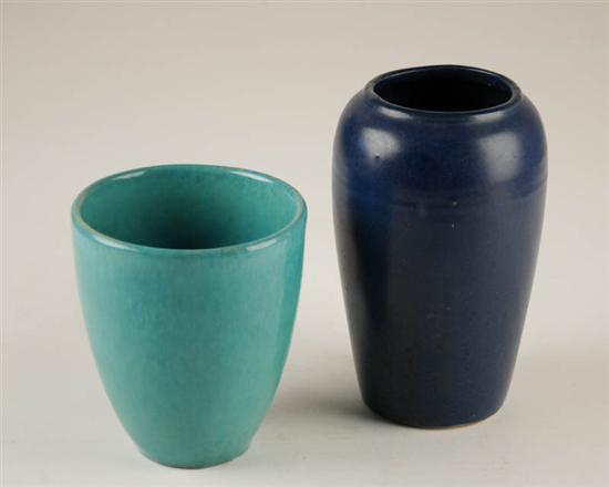 Appraisal: Two Arts Crafts-era Matte Pottery Vases one cobalt one aqua