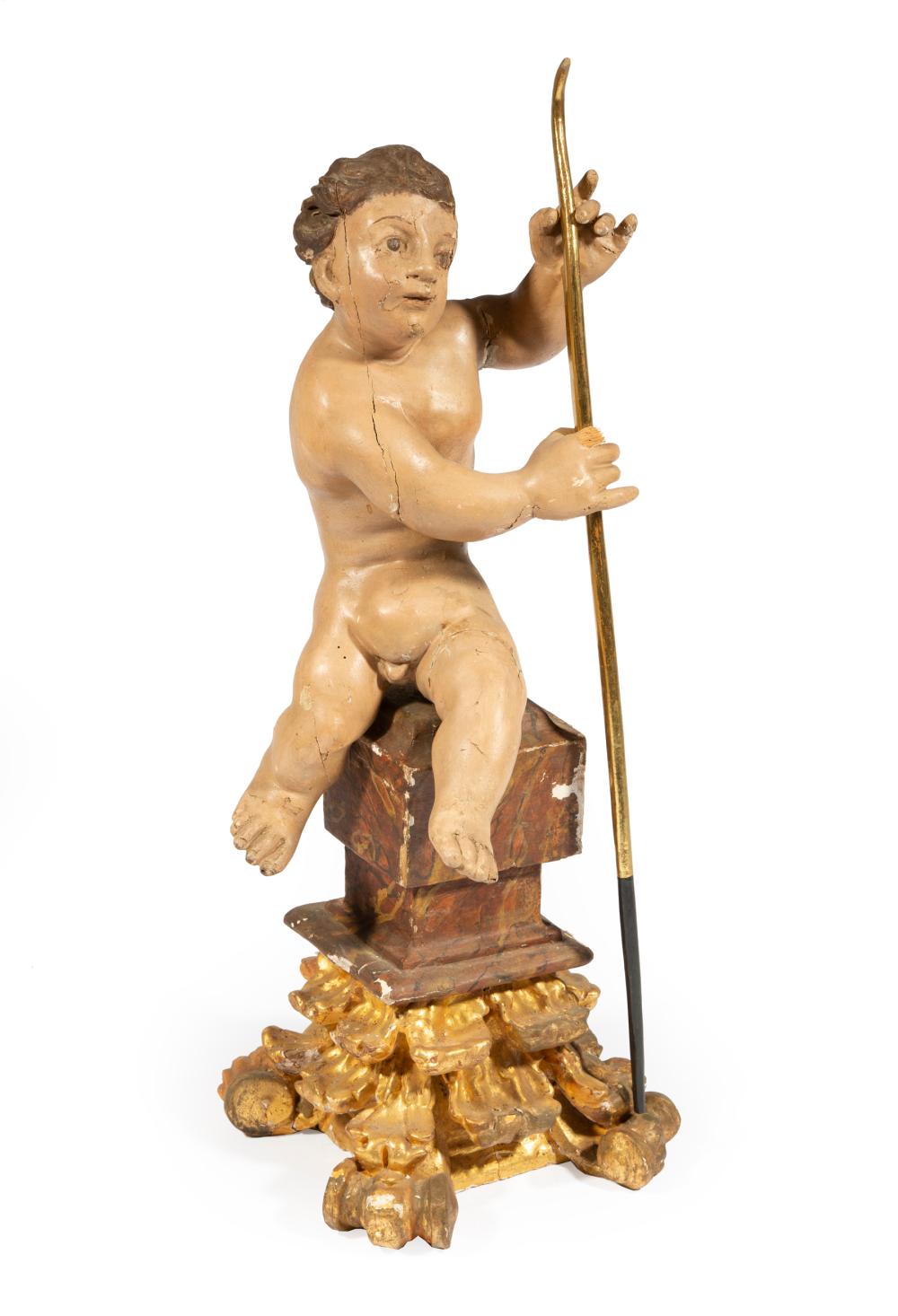 Appraisal: Antique Carved Painted and Gilded Wood Figure of a Putto