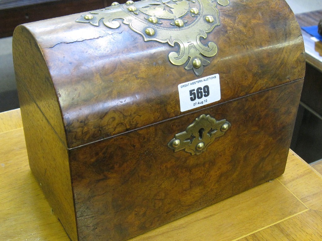 Appraisal: Brass mounted walnut dome topped tea caddy