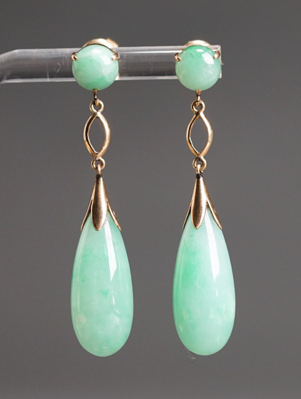 Appraisal: Pair of Tested -Karat Yellow-Gold and Jade Drop Pierced Earrings