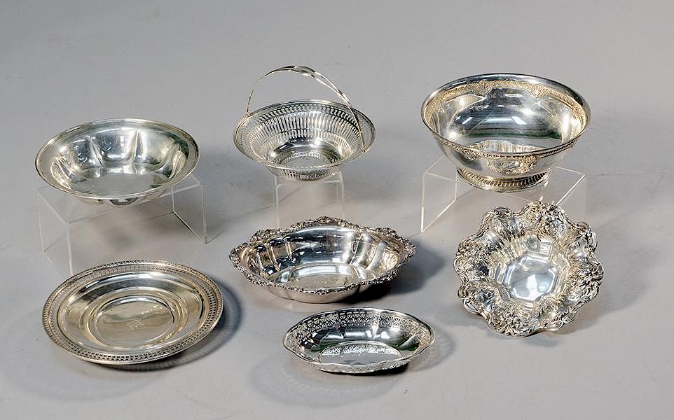 Appraisal: Seven sterling low bowls open vegetable basket Seven sterling low