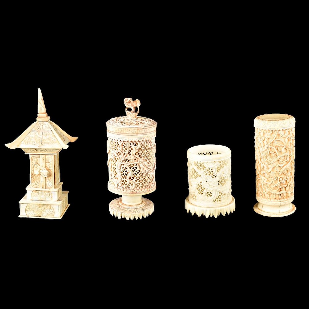 Appraisal: Chinese Ivory Bone Items Grouping of Four Antique Chinese Carved