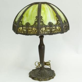 Appraisal: Antique Green Slag Glass Table Lamp with Metal Overlay and