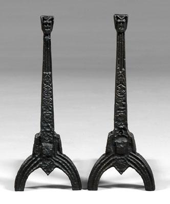 Appraisal: Pair Gothic style cast iron andirons tops with hooded heads