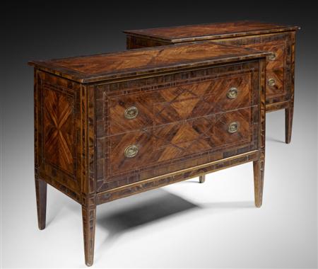 Appraisal: PAIR OF ITALIAN NEO-CLASSICAL OLIVE WOOD AND WALNUT PARQUETRY COMMODES