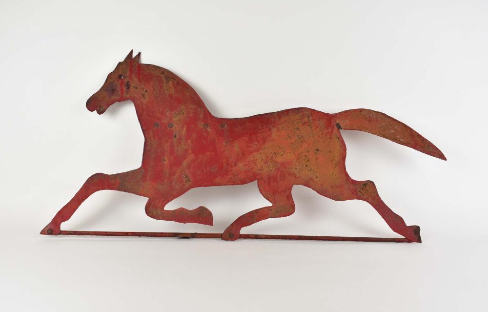 Appraisal: PAINTED SHEET TIN RUNNING HORSE WEATHERVANEAmerican th Century In silhouette