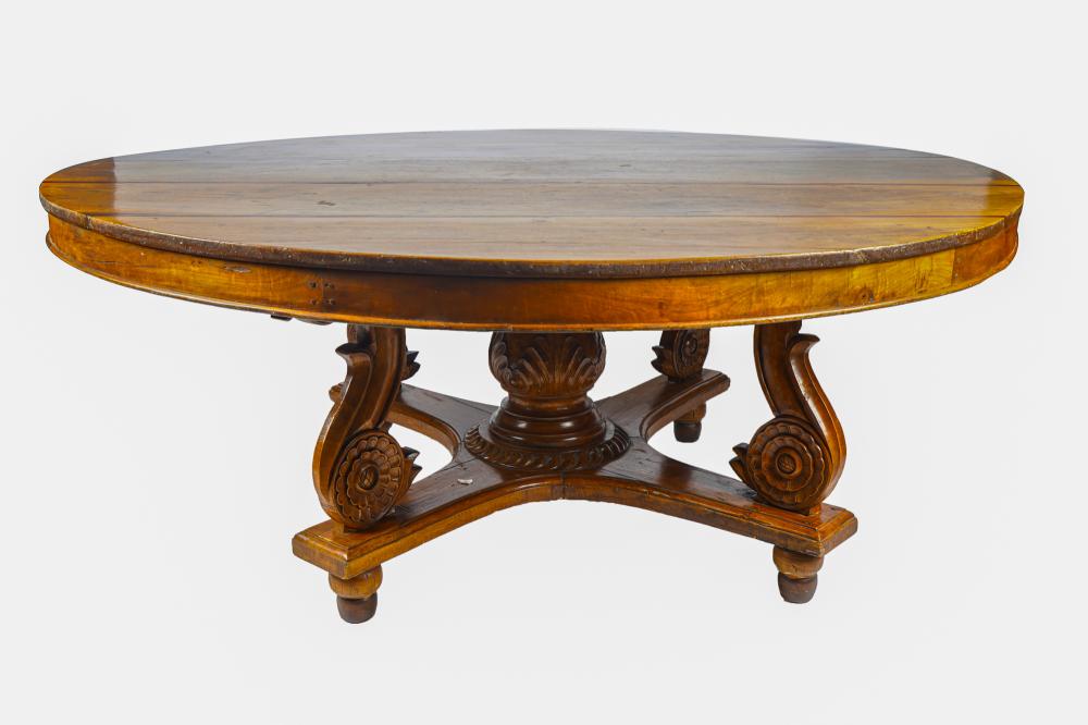 Appraisal: ROUND CARVED WOOD DINING TABLEwith inlay to top inches diameter