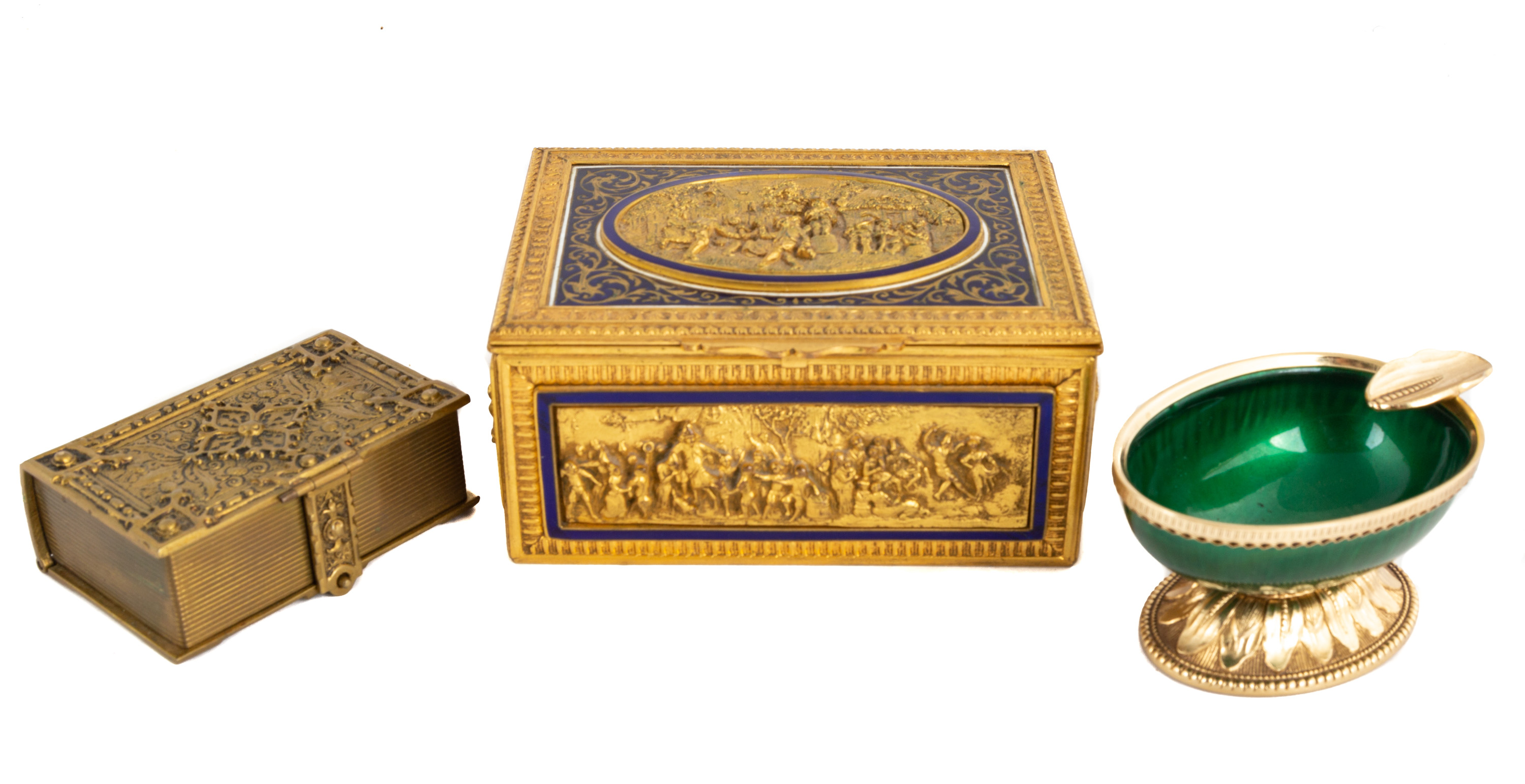 Appraisal: DRESSER BOX STAMP BOX AND ASH TRAY circa Gilt bronze