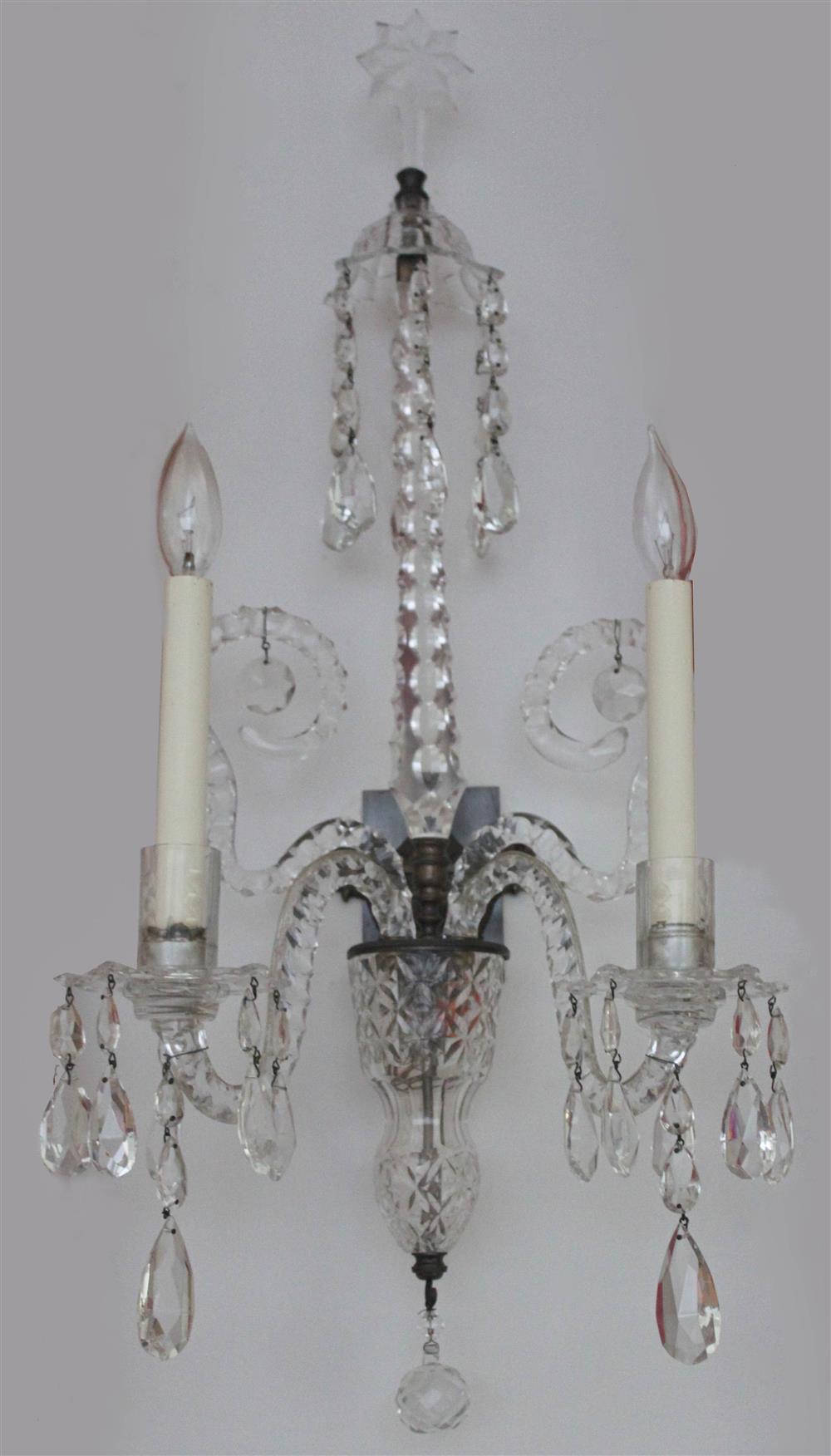 Appraisal: PAIR OF GEORGE III CUT GLASS TWO-LIGHT WALL APPLIQUES each