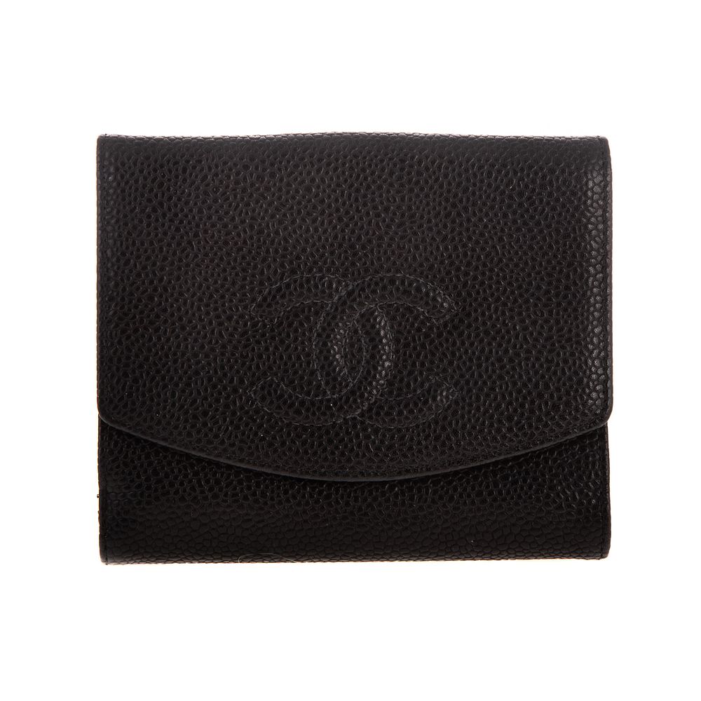 Appraisal: A Chanel Logo Bifold Wallet A black Caviar leather Chanel