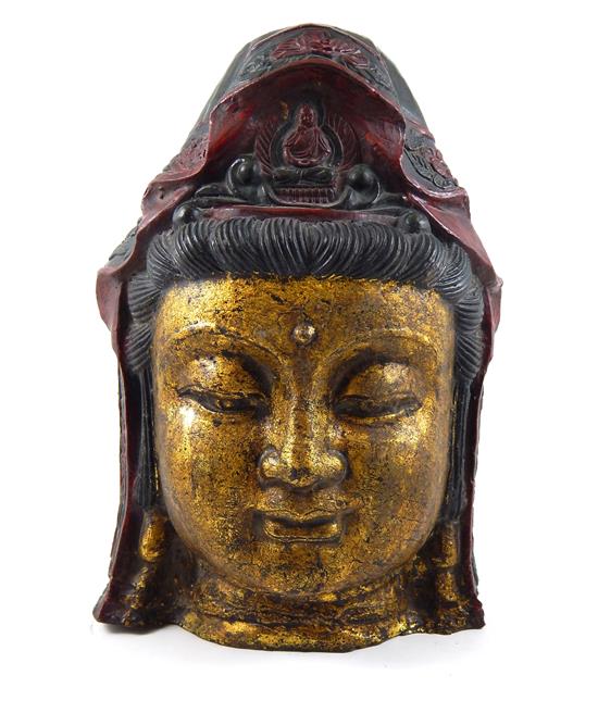 Appraisal: ASIAN Bronze polychrome painted head of Guanyin black hair framing