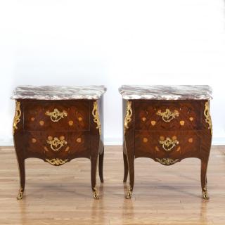 Appraisal: Pair Louis XV style marble top bombe commodes Pair Louis