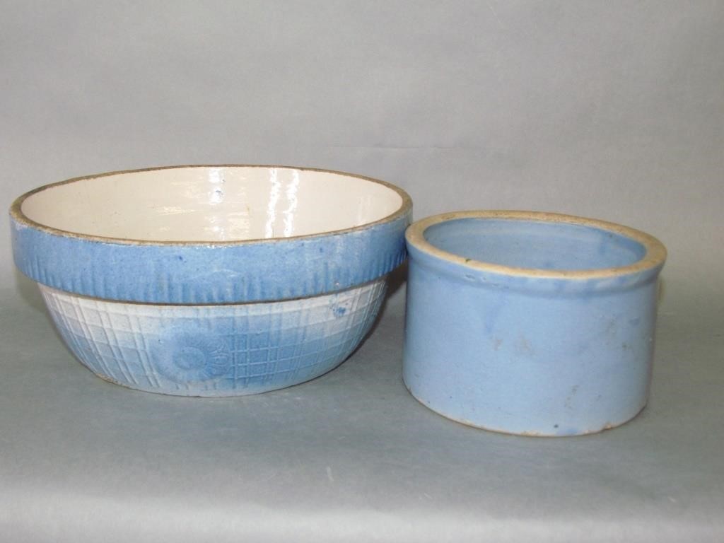 Appraisal: SALT GLAZED STONEWARE BOWL BLUE CROCK x bowl cracked x